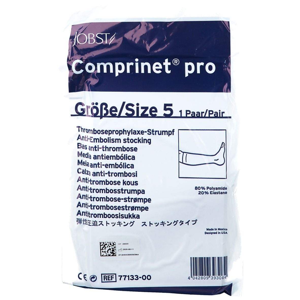 Emballage de bas JOBST Comprinet pro, taille 5. Texte: Bas anti-embolie, 1 paire. Matière: 80% polyamide, 20% élasthanne.