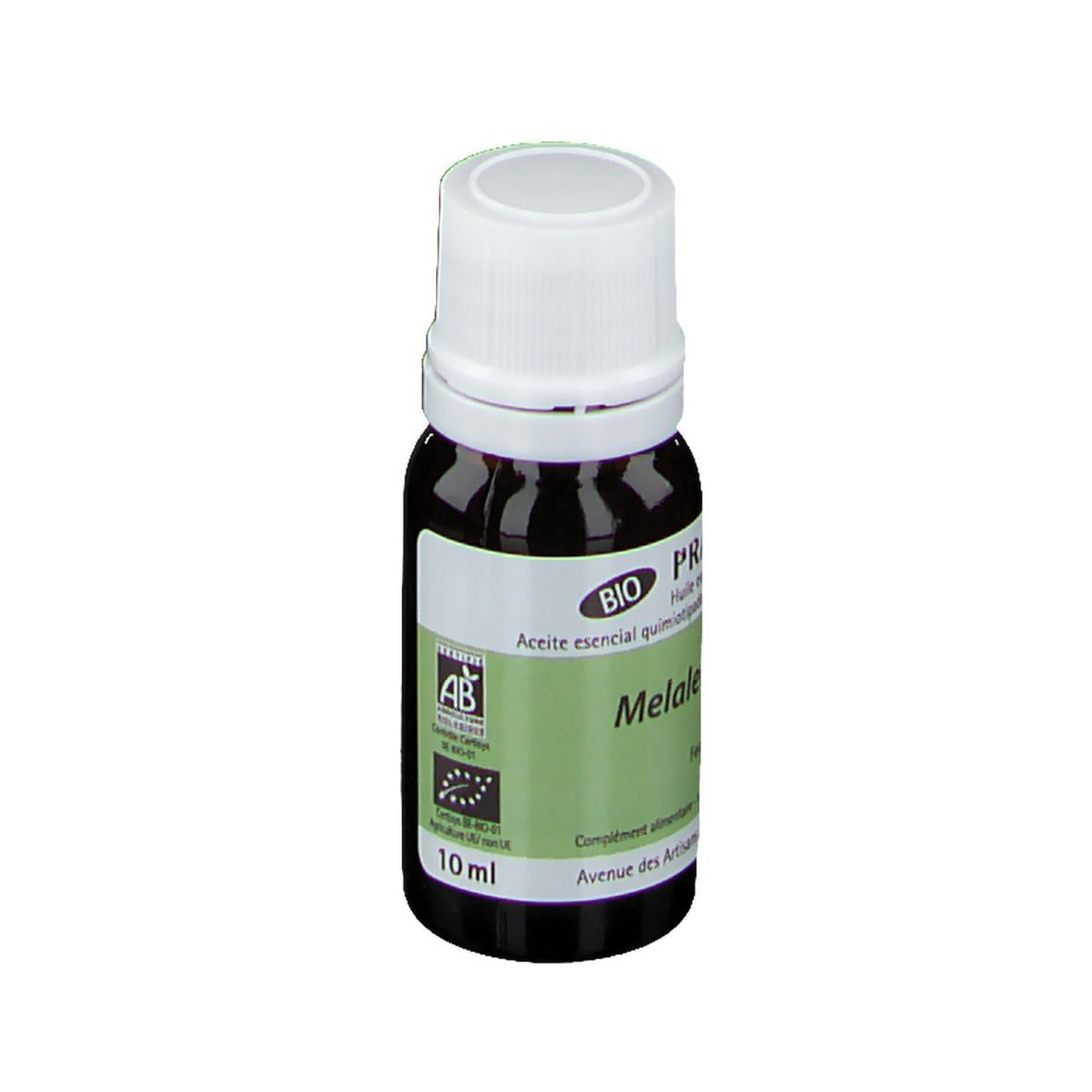 Flacon en verre brun foncé avec bouchon à vis blanc. Étiquette avec label BIO, "Aceite esencial" et "Melaleuca cajuput".