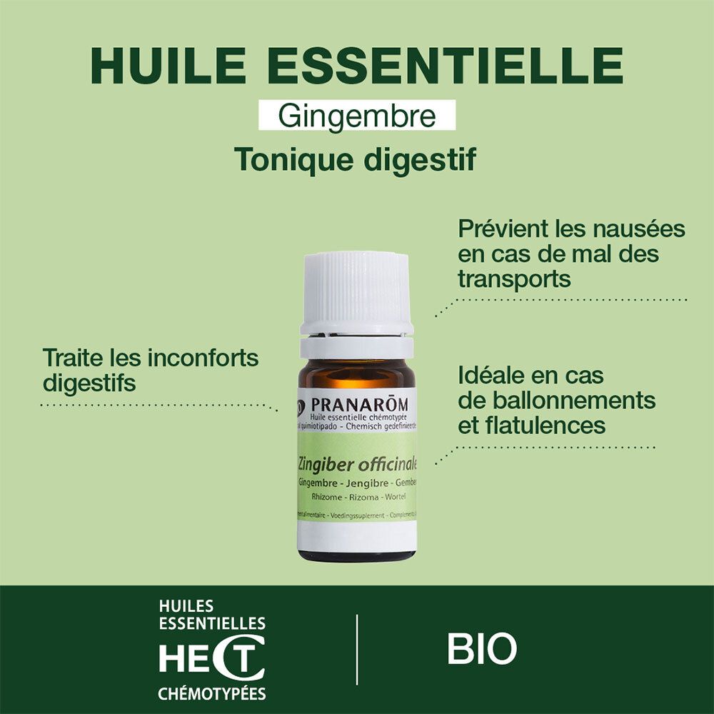 Emballage et flacon en verre brun, bouchon blanc. Marque : Pranarôm. Gingembre. Certification Bio.