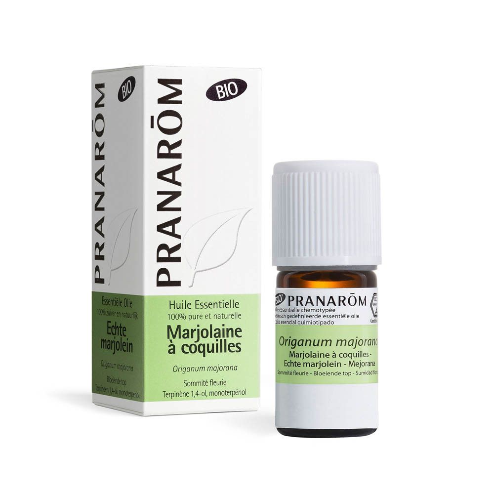 Productverpakking en fles. Verpakking: PRANAROM, Marjolaine à coquilles, Bio. Fles: Orig. majorana.