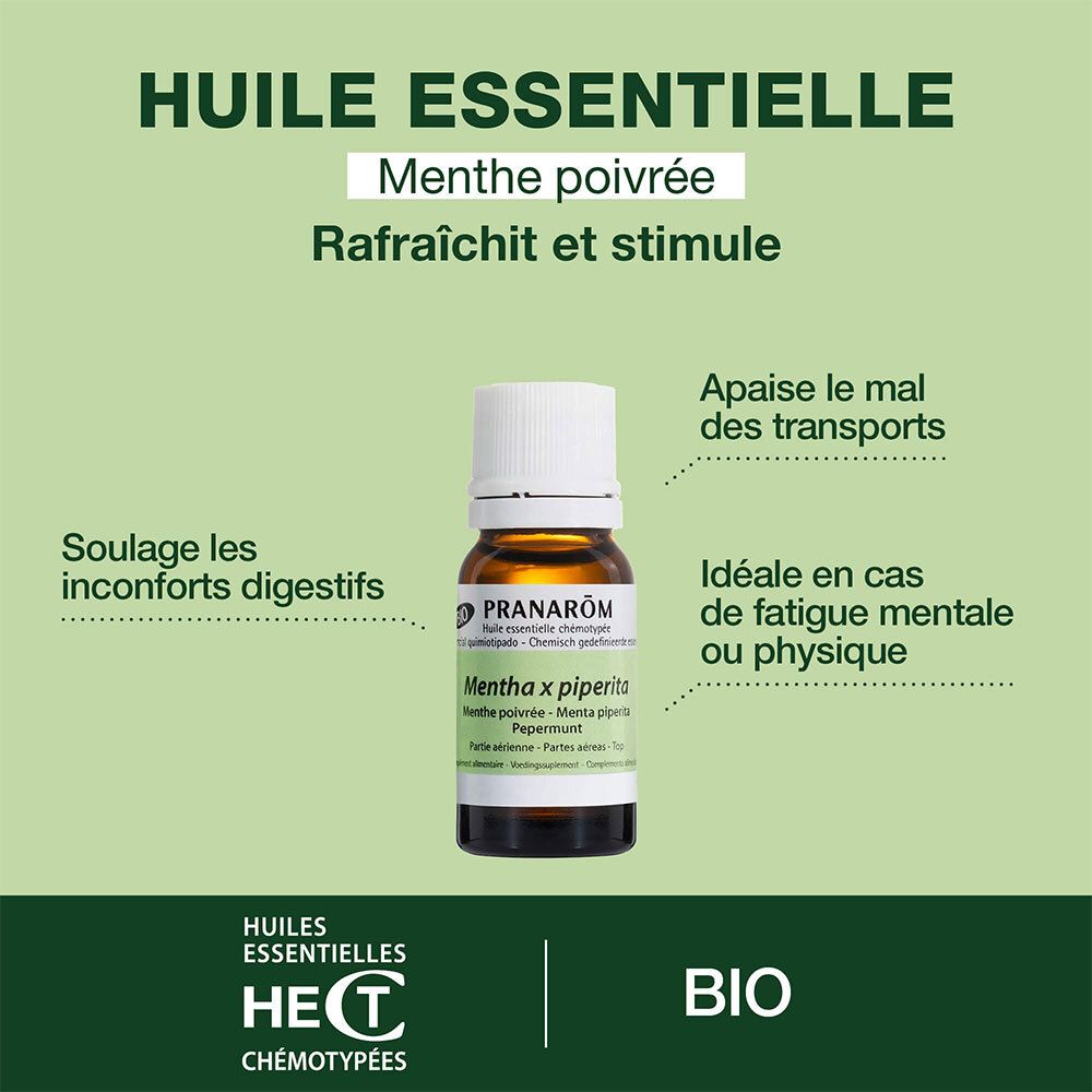 Reclamebeeld met pepermuntolie. Tekst: Huile Essentielle Menthe poivrée. Bio-certificering.
