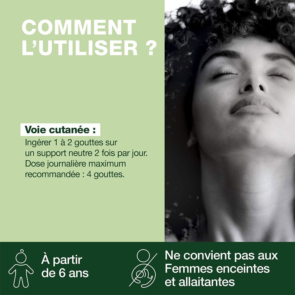 Flacon en verre brun avec bouchon blanc. Étiquette avec nom et marque. 10 ml.