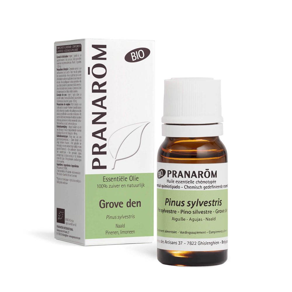 Flacon en verre brun avec bouchon blanc et boîte. Texte: PRANAROM, Grove den.