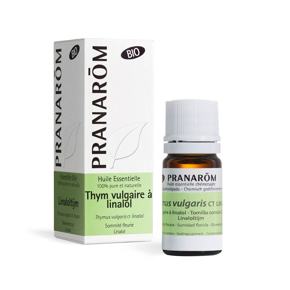 Bruine glazen fles en doos met productnaam. Opschrift: PRANAROM Thymian Linalool. Bio-certificering.