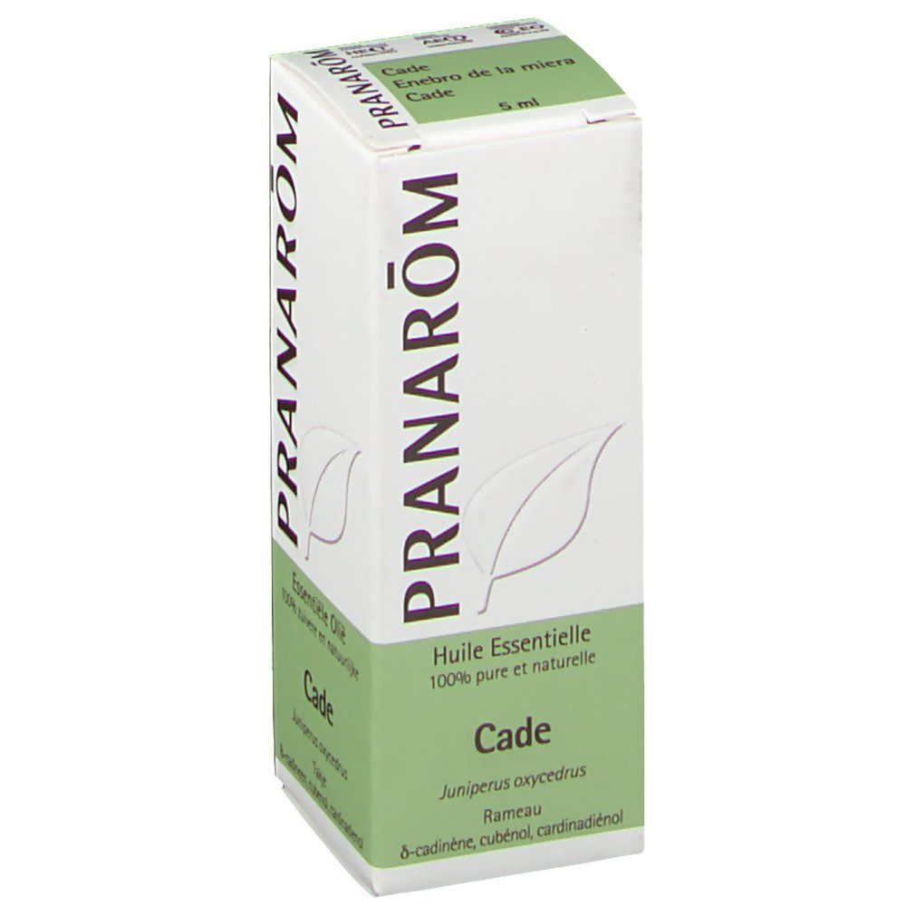 PRANAROM Cade verpakking, 5 ml. Opschrift Cade, Enbre de la mièra. Groene tekst op witte achtergrond. Blad illustratie.