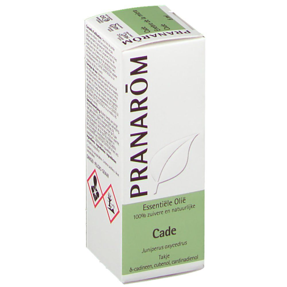 PRANAROM Cade verpakking. Opschrift: Essentiele Olie, 100% zuivere en natuurlijke. Cade, Juniperus oxycedrus. Gevarensymbolen.