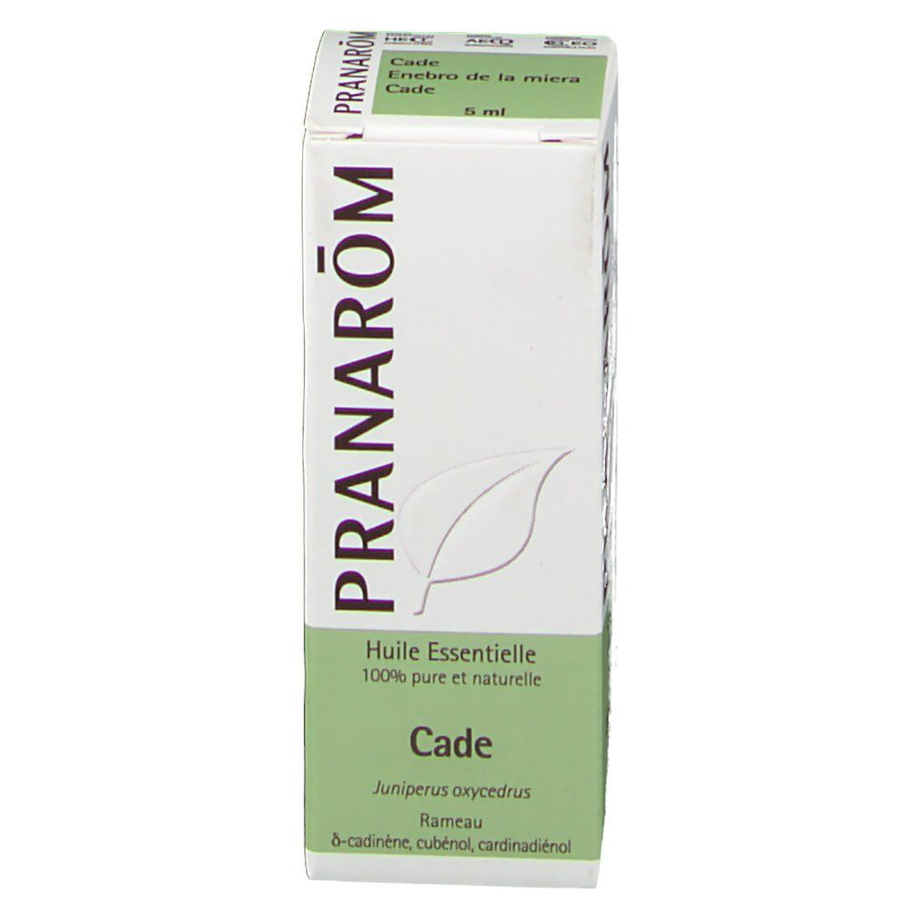 PRANAROM Cade verpakking. Opschrift: Huile Essentielle, 100% pure et naturelle. Cade, Juniperus oxycedrus. Blad illustratie.