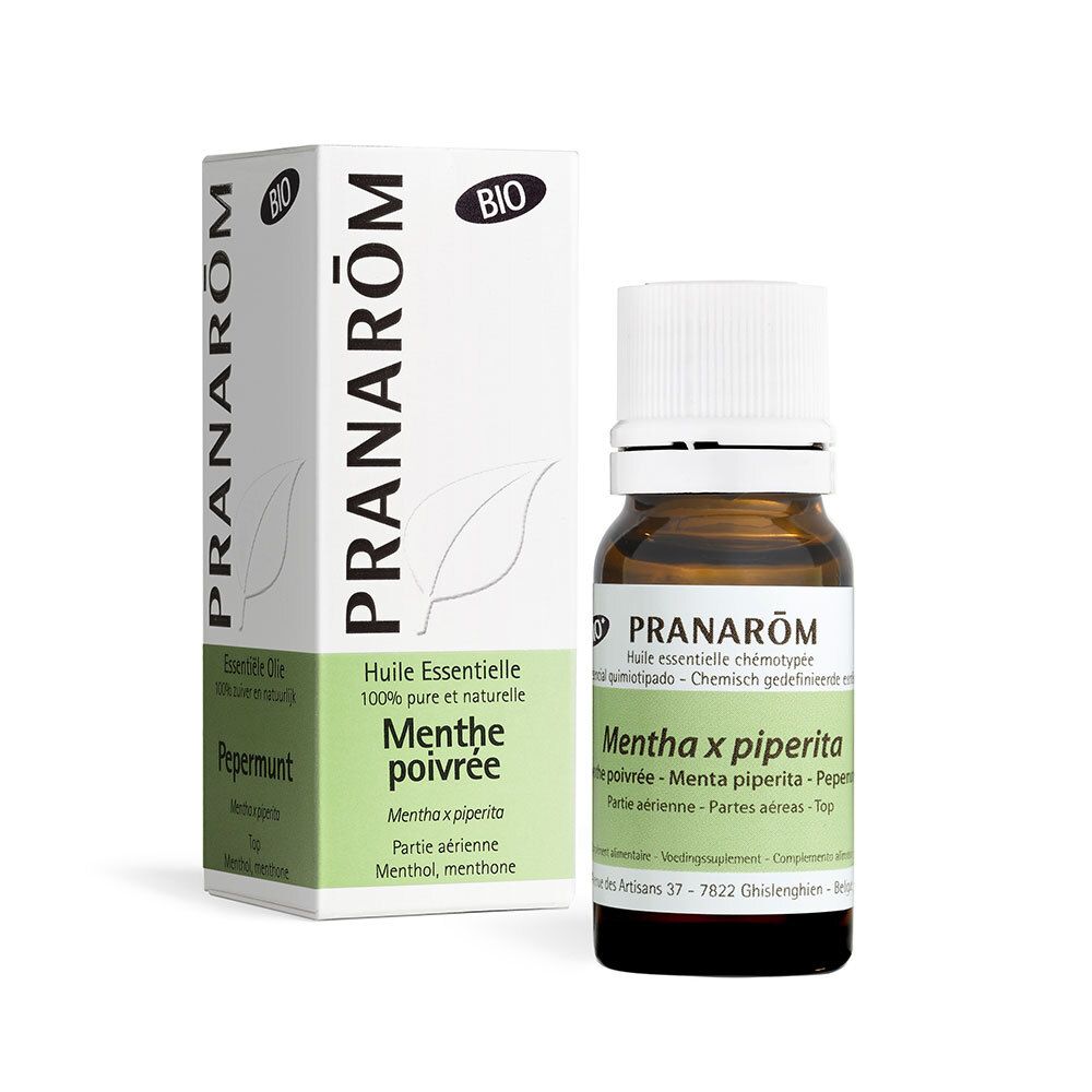 Flesje etherische olie en verpakking. Logo PRANAROM, Pepermunt. BIO-certificering.
