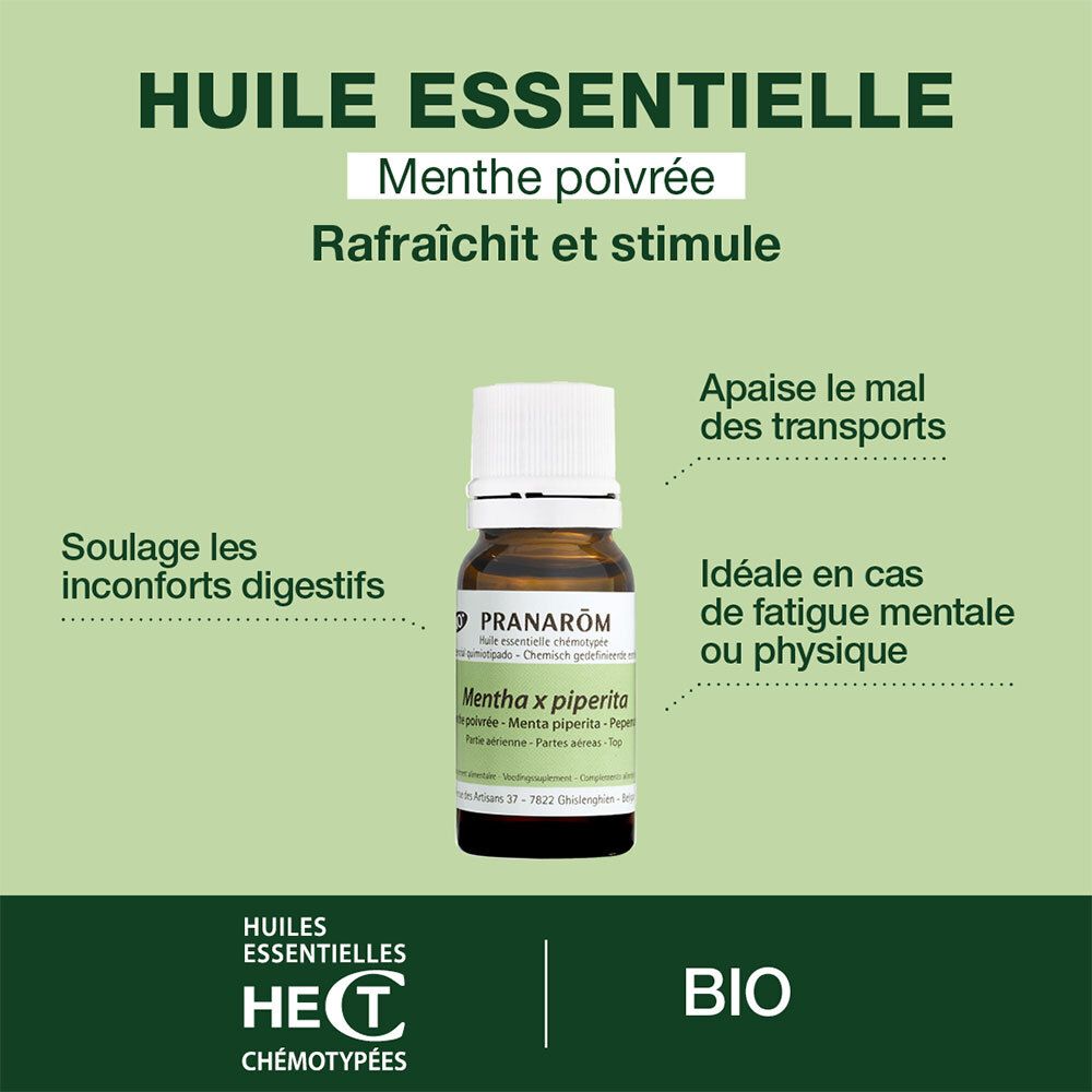Reclamebord over etherische olie. Verfrist, stimuleert, verlicht spijsverteringsongemakken.