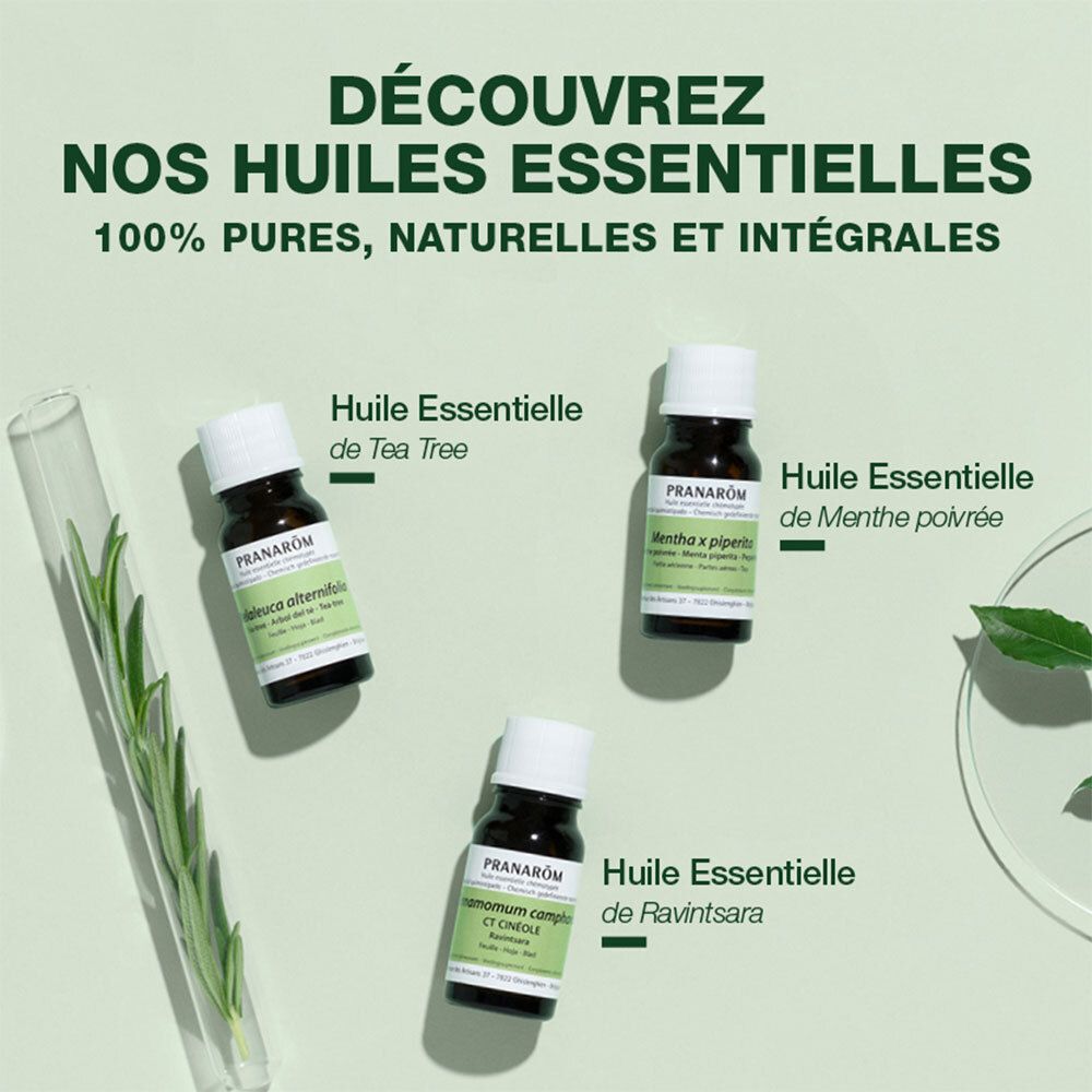 Drie flesjes etherische olie. Merk PRANAROM. 100% puur, natuurlijk en integraal.