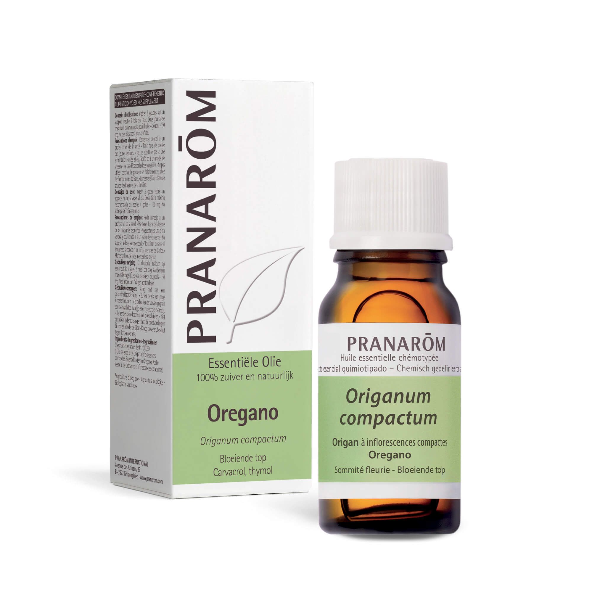 Bruine glazen fles en doos met PRANAROM-logo en tekst. Bevat oregano.