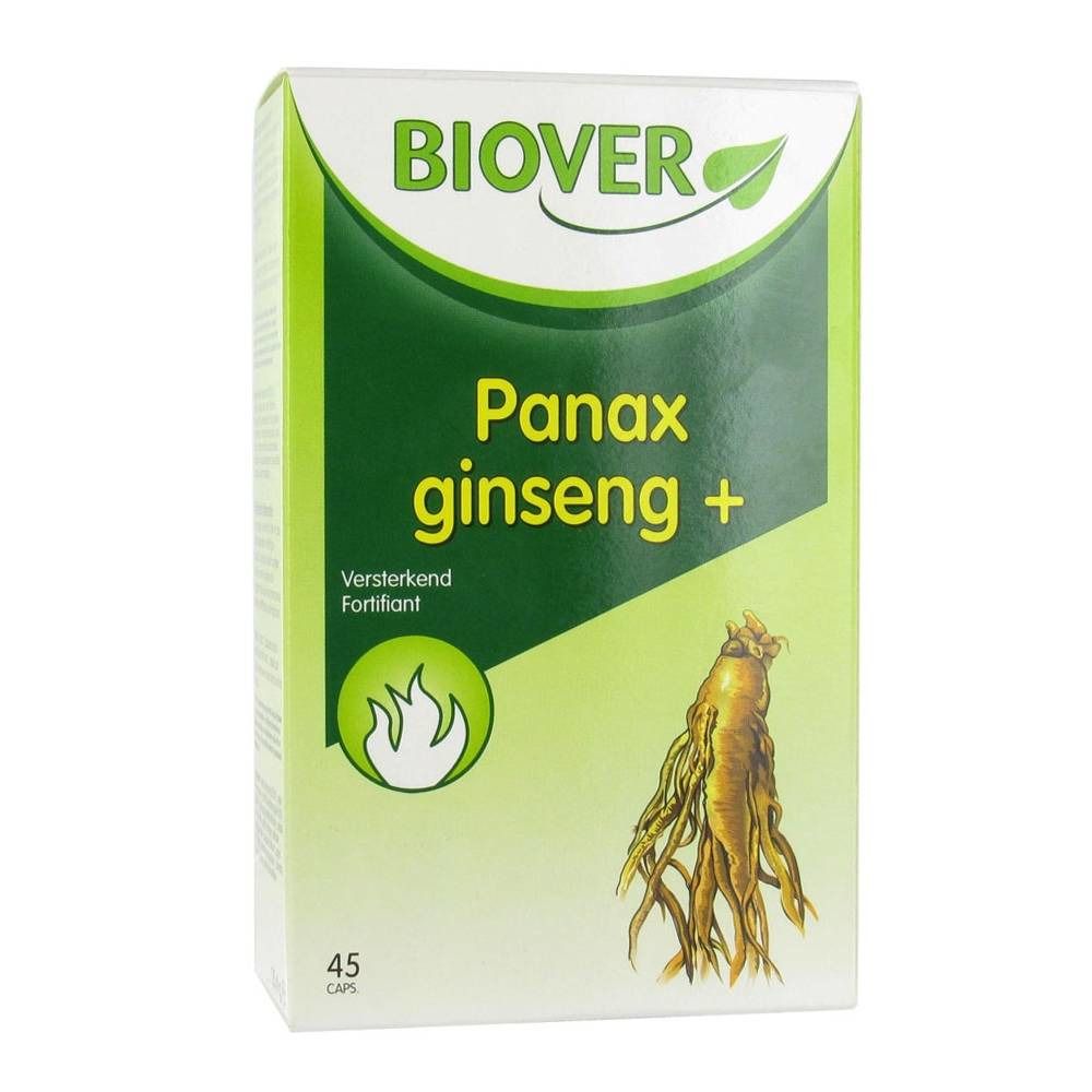 Boîte "BIOVER Panax ginseng +". Emballage vert et blanc avec nom du produit et image de ginseng. Contient 45 capsules.