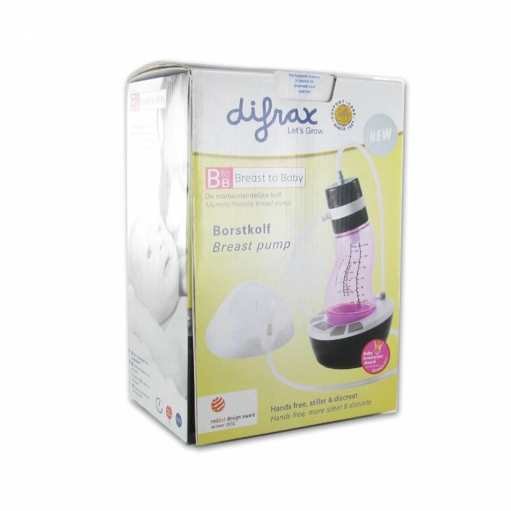 Verpakking met difrax borstkolf. Opschrift: Brustkolf, Breast pump. Met accessoires en certificeringen.