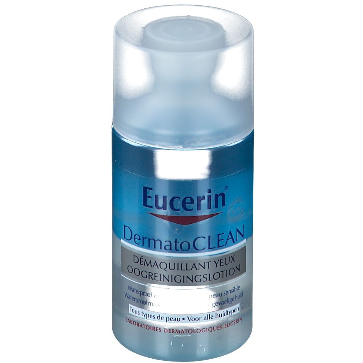 Flacon cylindrique avec étiquette bleue. Eucerin DermatoCLEAN Démaquillant yeux. Bouchon transparent.