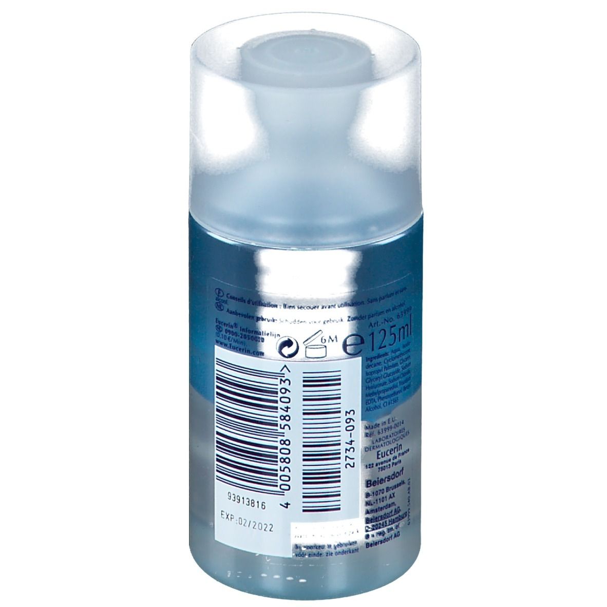 Flacon cylindrique avec étiquette bleue. Eucerin DermatoCLEAN démaquillant yeux. Bouchon transparent. Dos avec texte.