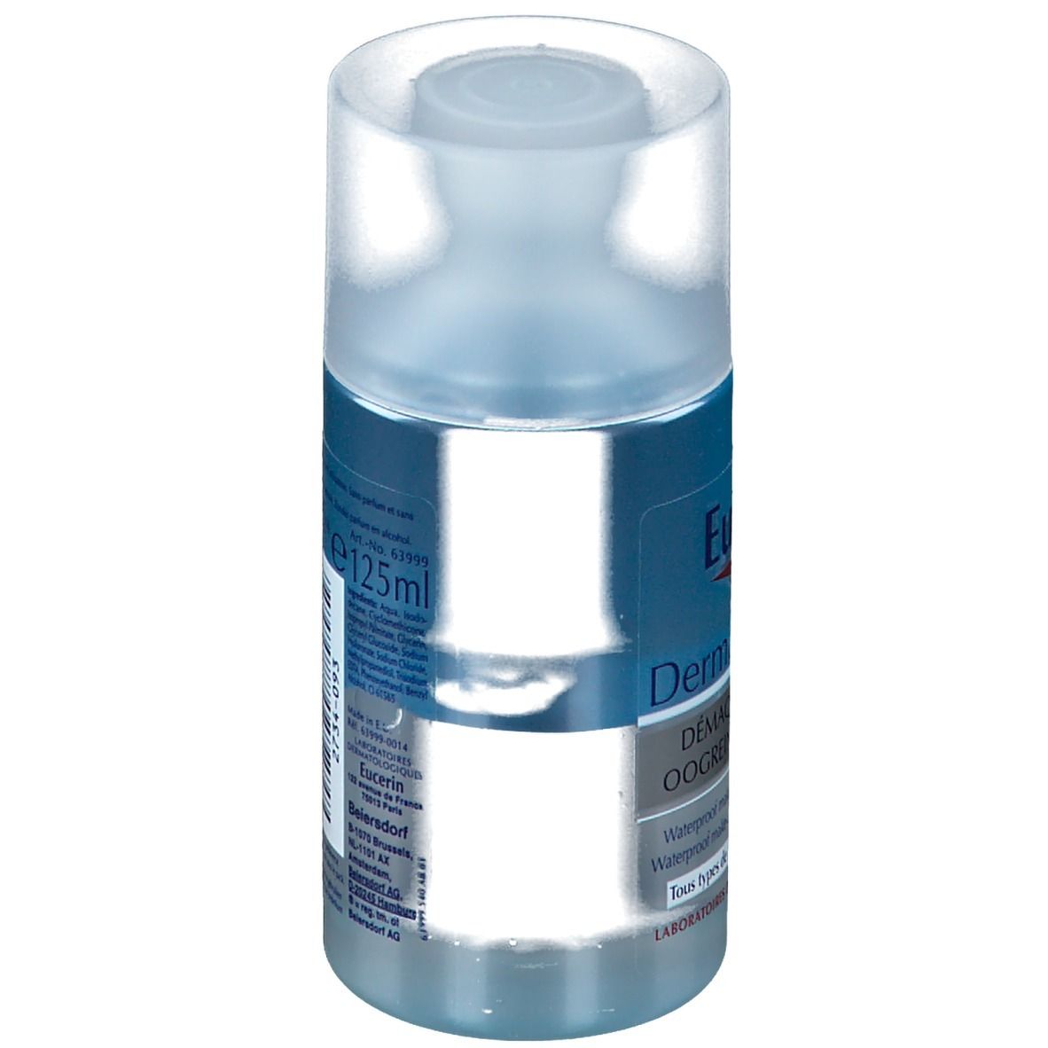 Flacon cylindrique avec étiquette bleue. Eucerin DermatoCLEAN démaquillant yeux. Bouchon transparent. 125ml.