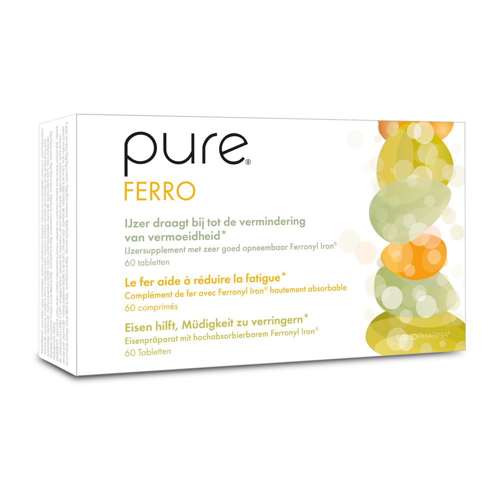Doosje met pure ® ferro. Tekst en gekleurde illustraties. 60 tabletten.