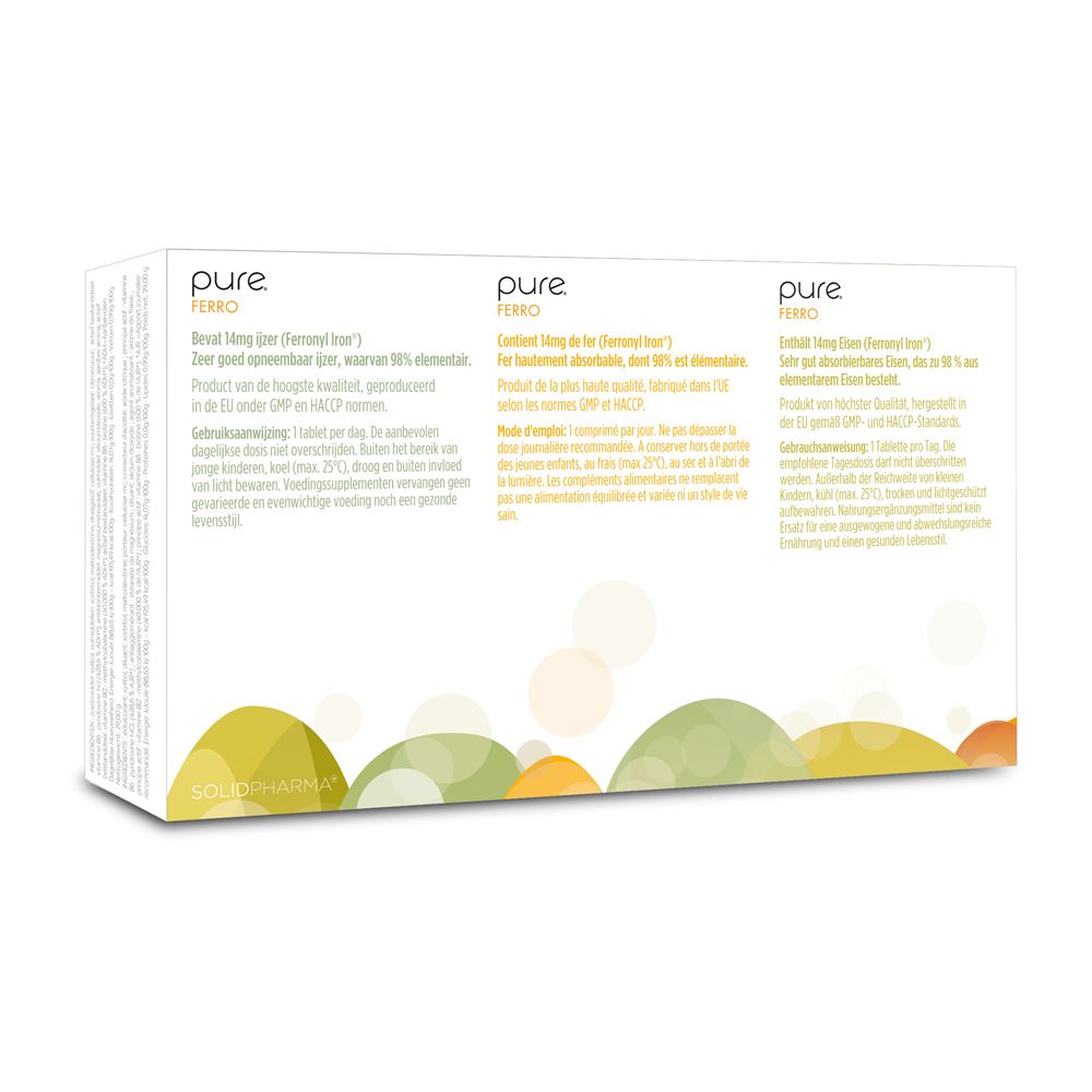 Achterkant van de pure ® ferro doos. Tekst in meerdere talen.