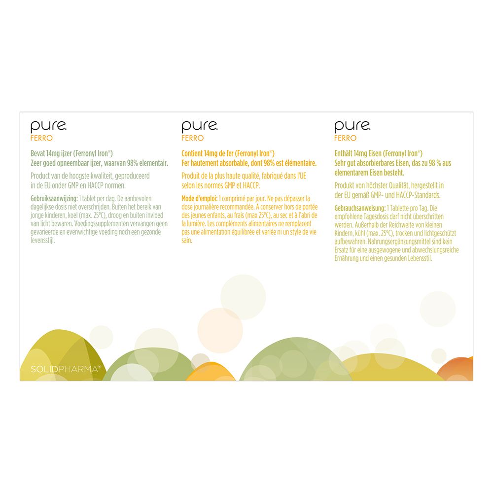 Twee pure ® ferro dozen. Tekst en gekleurde illustraties. Pijlen wijzen naar tekst.