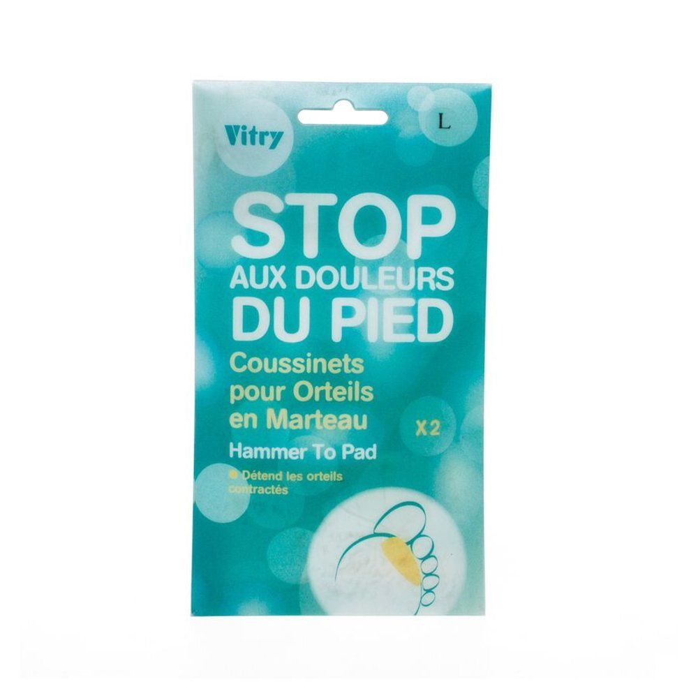 Emballage Vitry, coussinets pour orteils en marteau. Texte: Stop aux douleurs du pied. Taille L. Contient 2.