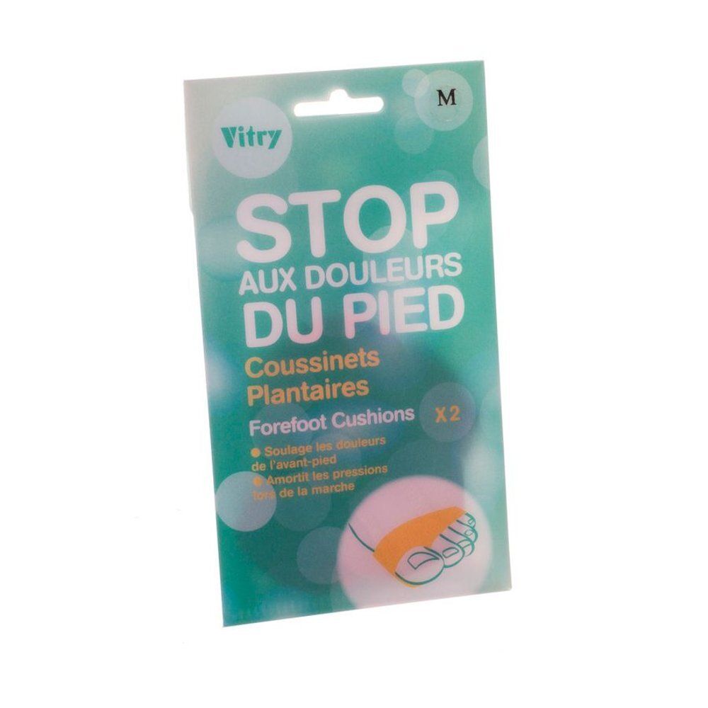 Emballage "Vitry" avec "STOP AUX DOULEURS DU PIED". Contient deux coussinets plantaires. Taille M.
