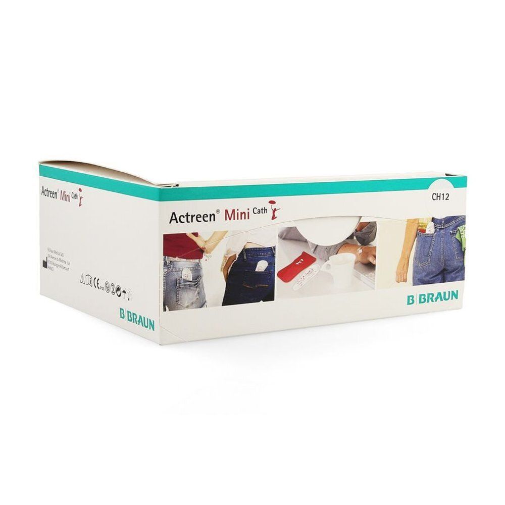 Verpakking van Actreen Mini Cath. Opschrift Actreen Mini Cath, B. Braun. Afbeeldingen van jeans. CH12.