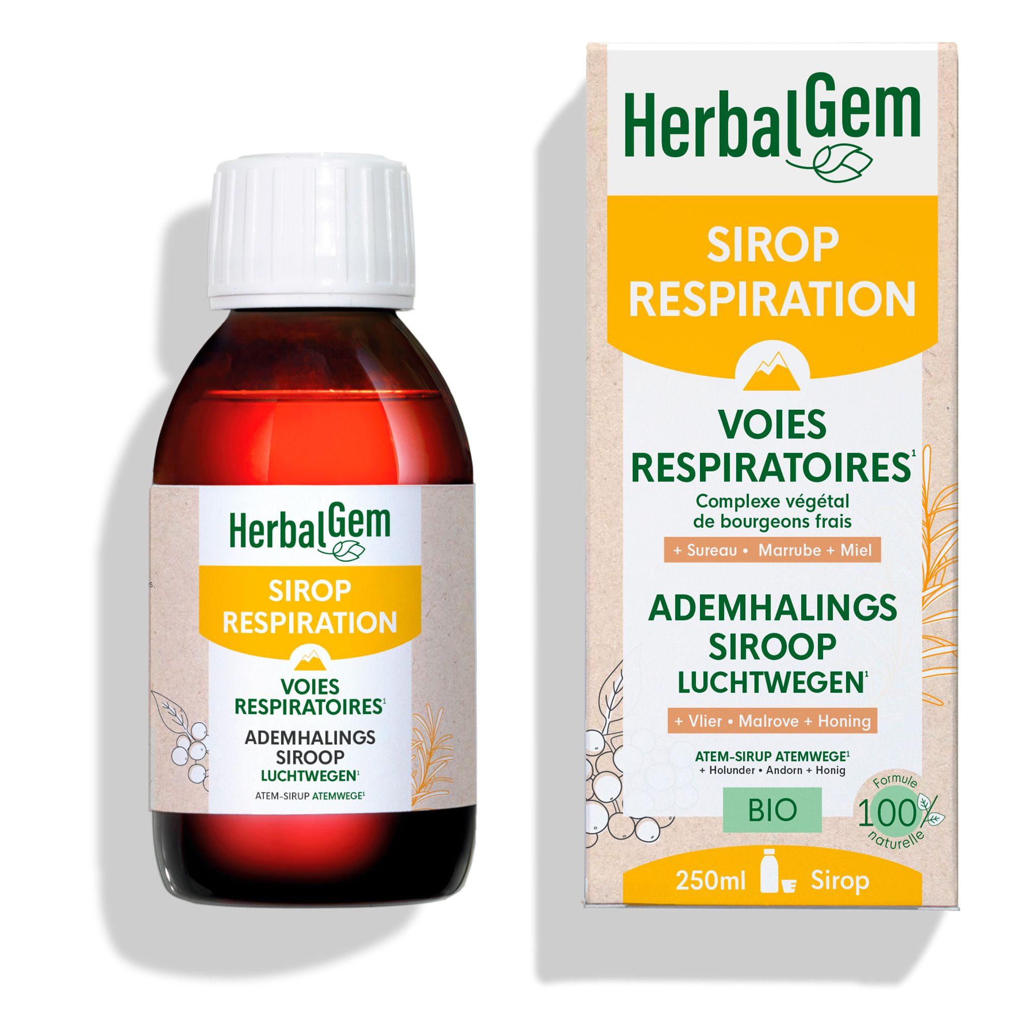 Bruine fles met witte dop. Label: Herbalgem Sirop Respiration. Bio-certificering.