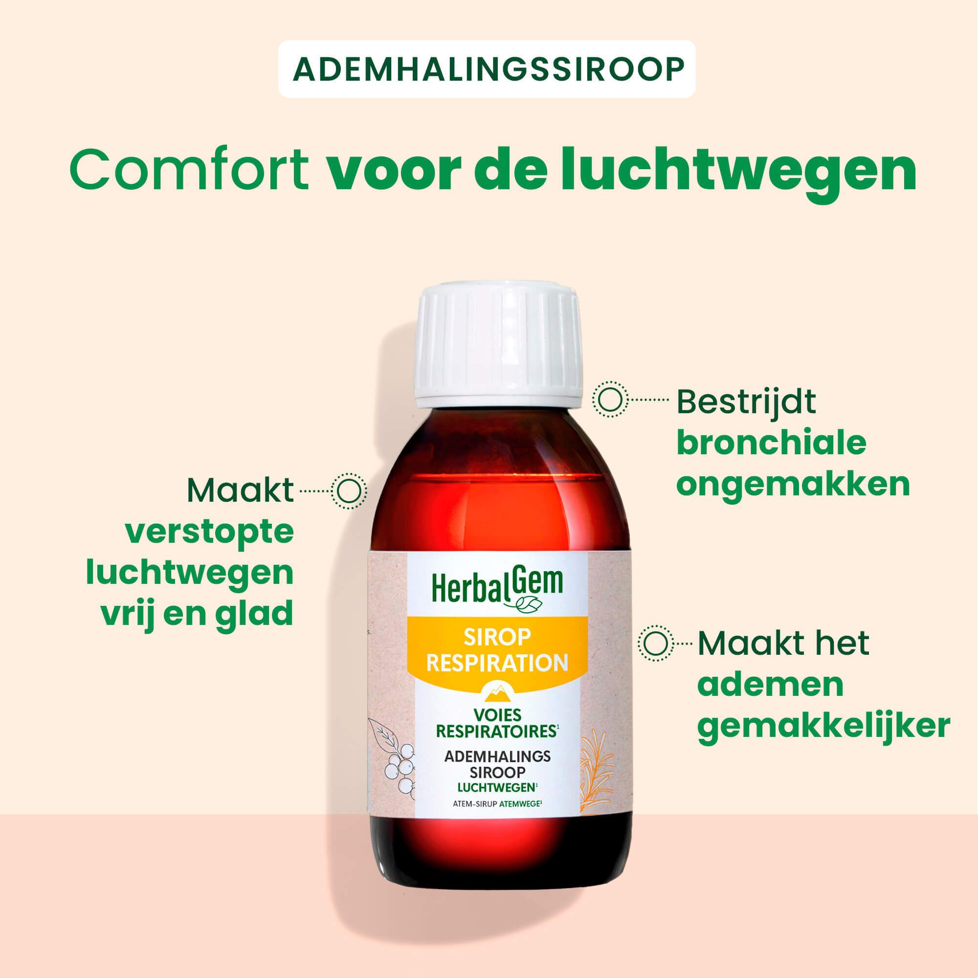 Bruine fles met witte dop. Tekst: Herbalgem Sirop Respiration. Helpt bij verstopte luchtwegen.