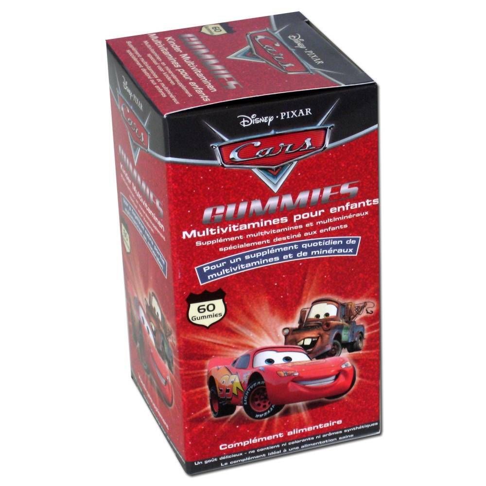 Verpakking Disney Cars multivitaminen. Rode doos met Cars logo, 60 gummies. Opschrift: Multivitaminen voor kinderen.