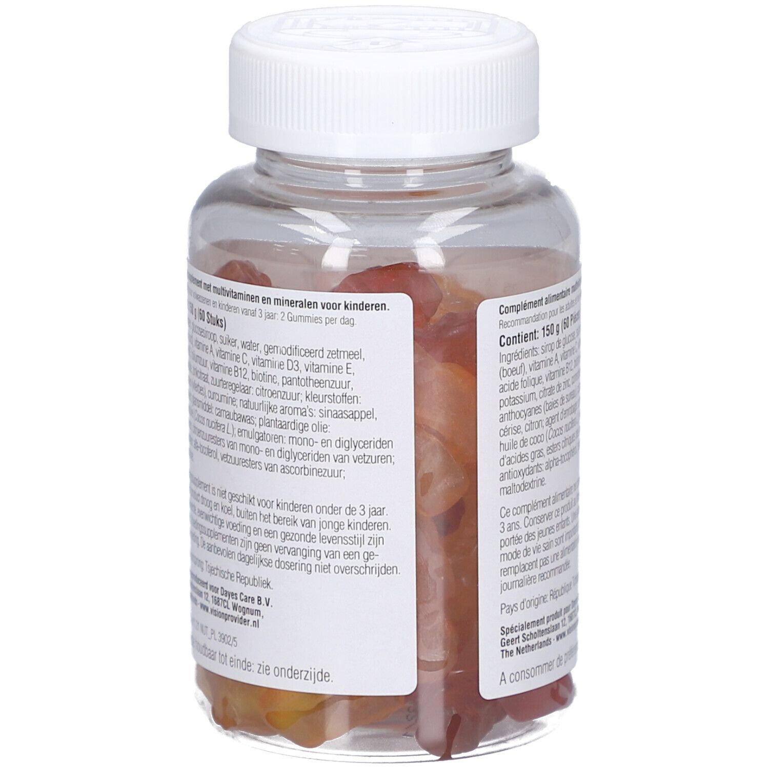 Achterkant van een transparante fles met rode gummies. Bevat informatie over ingrediënten en voedingswaarde.