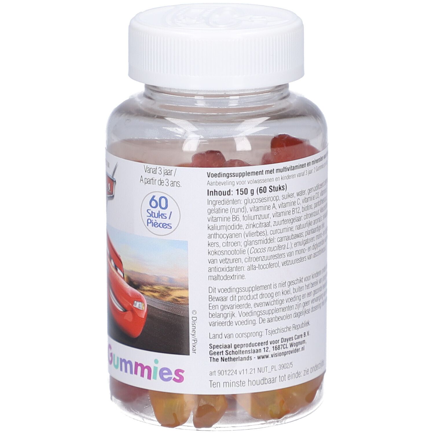 Transparante fles met rode gummies. Opschrift: Disney Pixar Cars, Multivitaminen Gummies. 60 stuks.