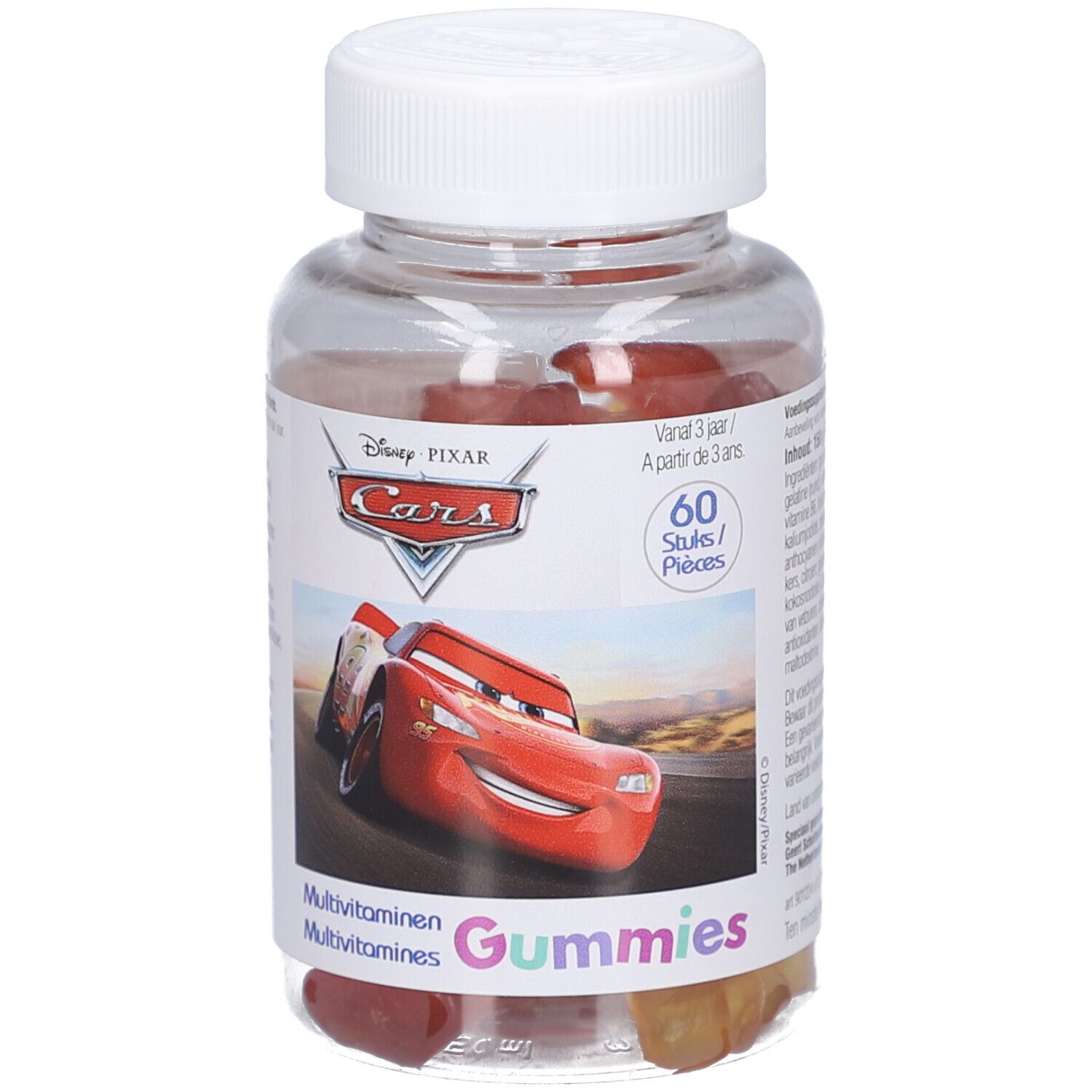 Transparante fles met rode gummies. Opschrift: Disney Pixar Cars, Multivitaminen Gummies. 60 stuks.