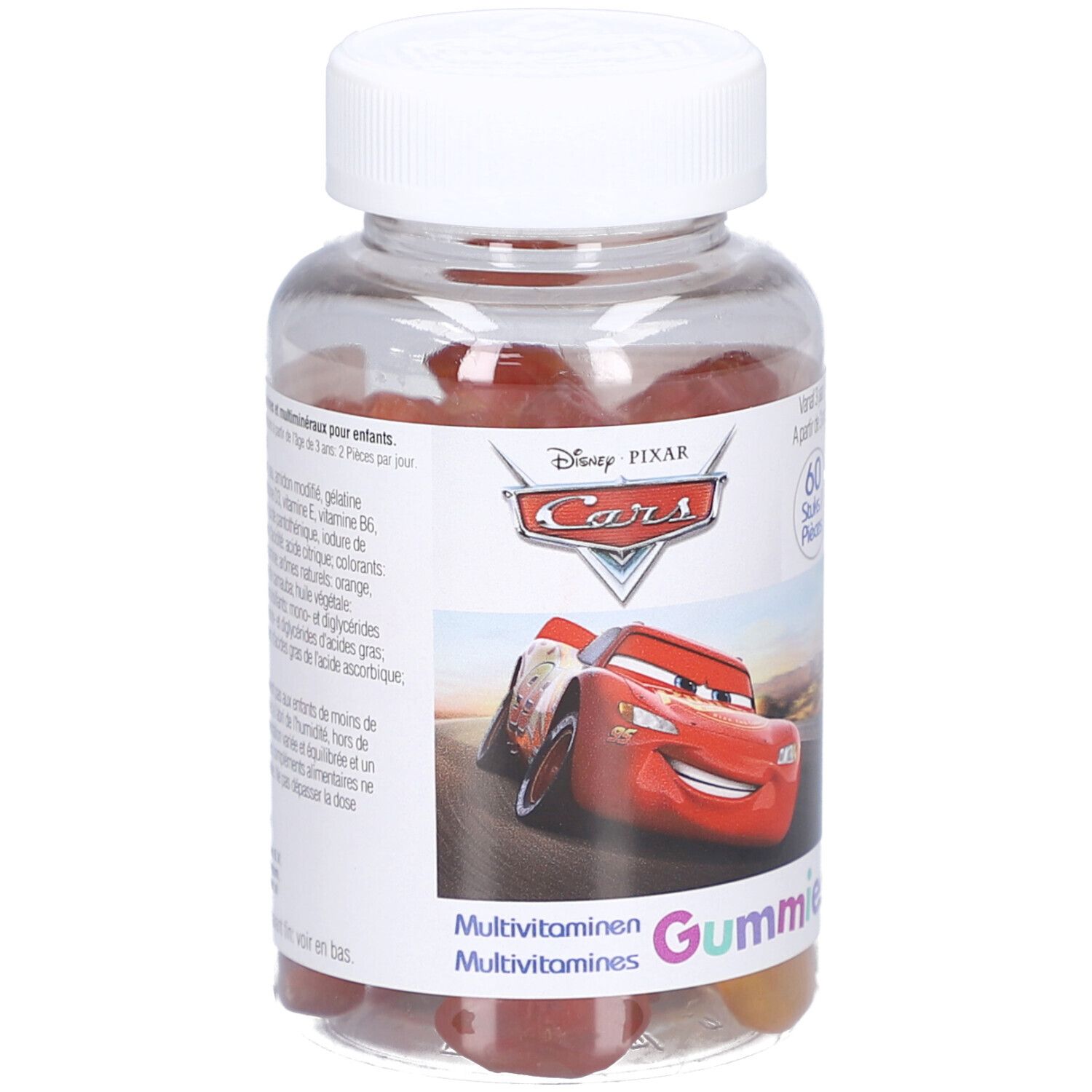 Productverpakking: fles en doos. Opschrift: Disney Pixar Cars, Multivitaminen Gummies. 60 stuks.