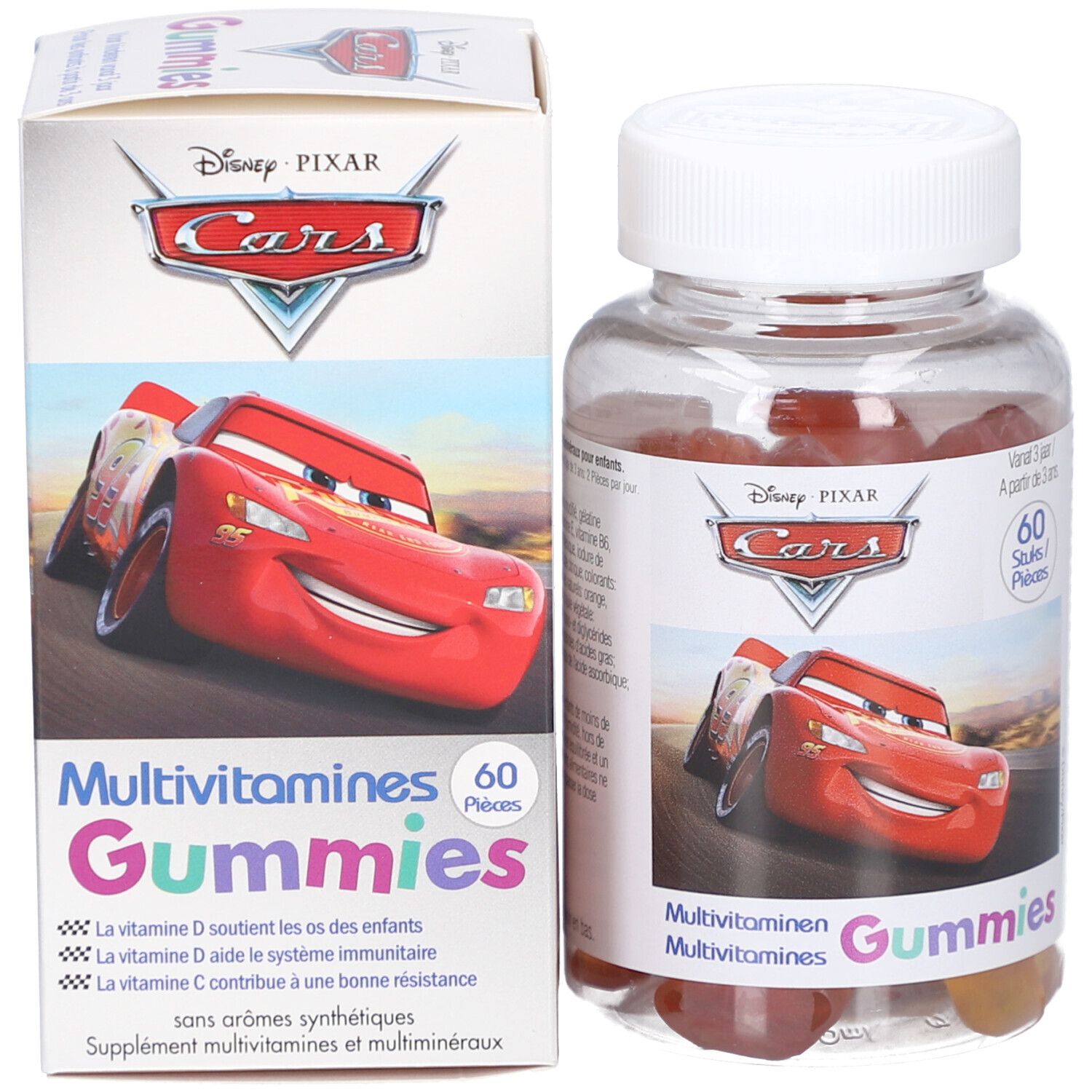 Kartonnen verpakking met Disney Cars-motief. Opschrift: Multivitaminen Gummies. 60 stuks. Bevat vitamine D en C.