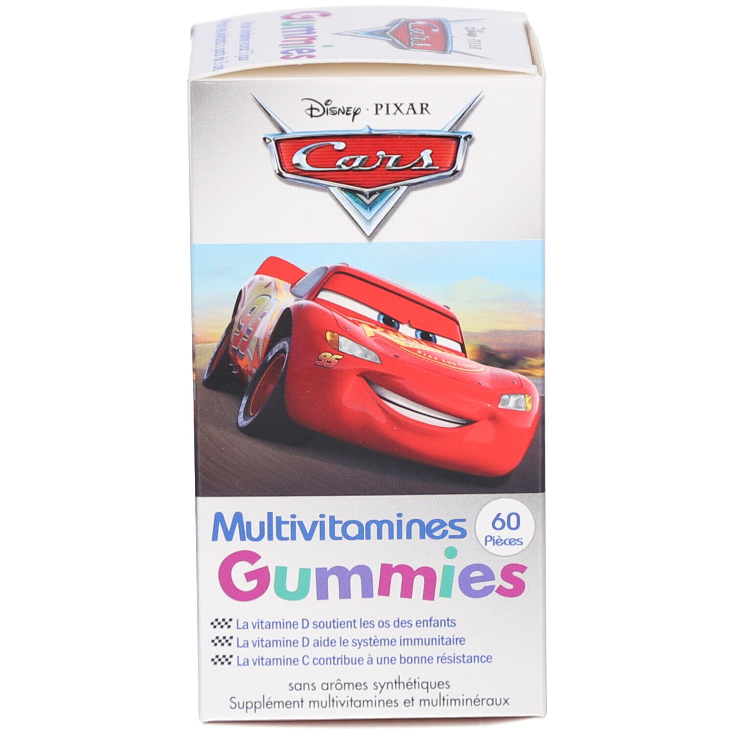 Kartonnen verpakking met Disney Cars-motief. Opschrift: Multivitaminen Gummies. 60 stuks. Bevat vitamine D en C.