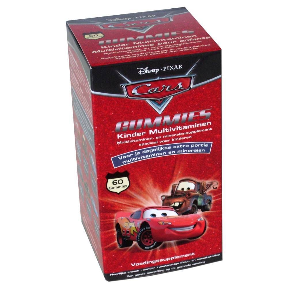 Verpakking Disney Cars multivitaminen. Rode doos met Cars logo, 60 gummies. Opschrift: Kinder Multivitaminen.