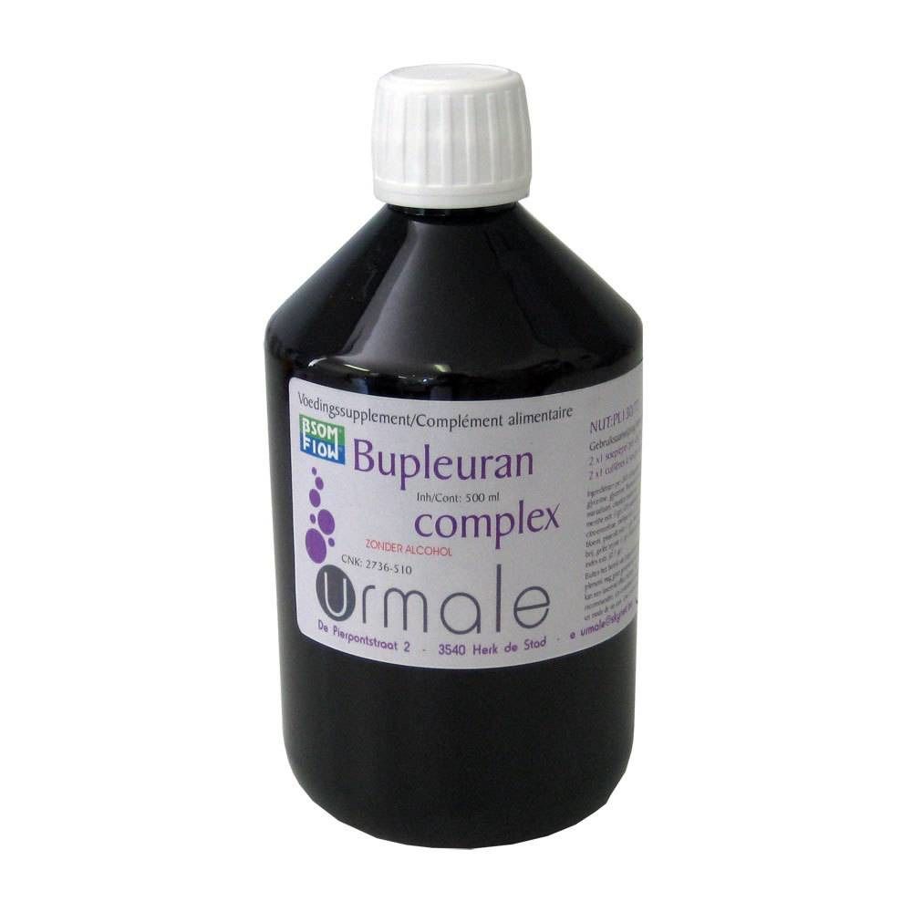 Bouteille marron avec bouchon blanc. Étiquette avec nom du produit, marque Urmale et informations.