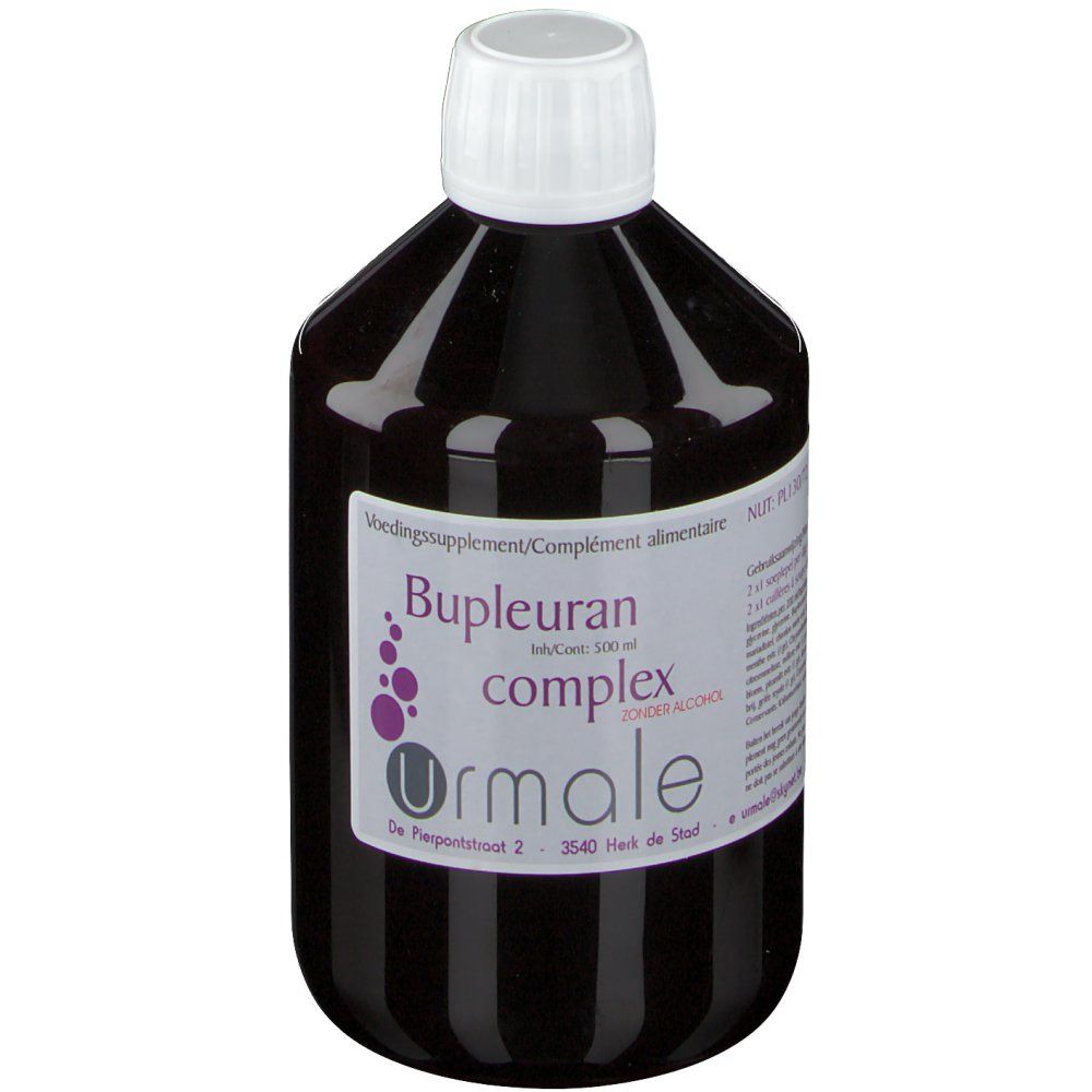 Bouteille marron avec bouchon blanc. Étiquette avec nom du produit, marque Urmale et informations.