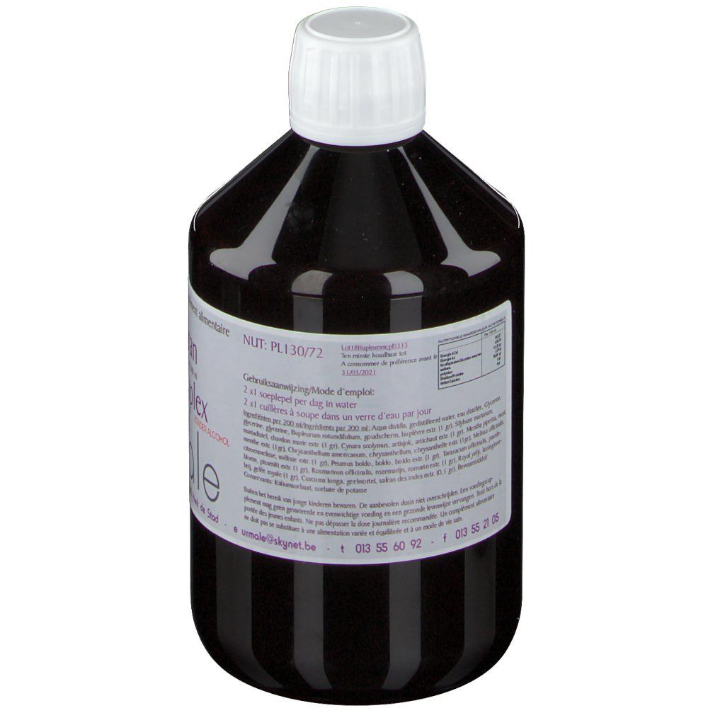 Bouteille marron avec bouchon blanc. Étiquette avec nom du produit, marque Urmale et informations.