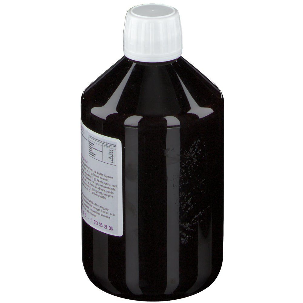 Bouteille marron avec bouchon blanc. Étiquette avec nom du produit, marque Urmale et informations.