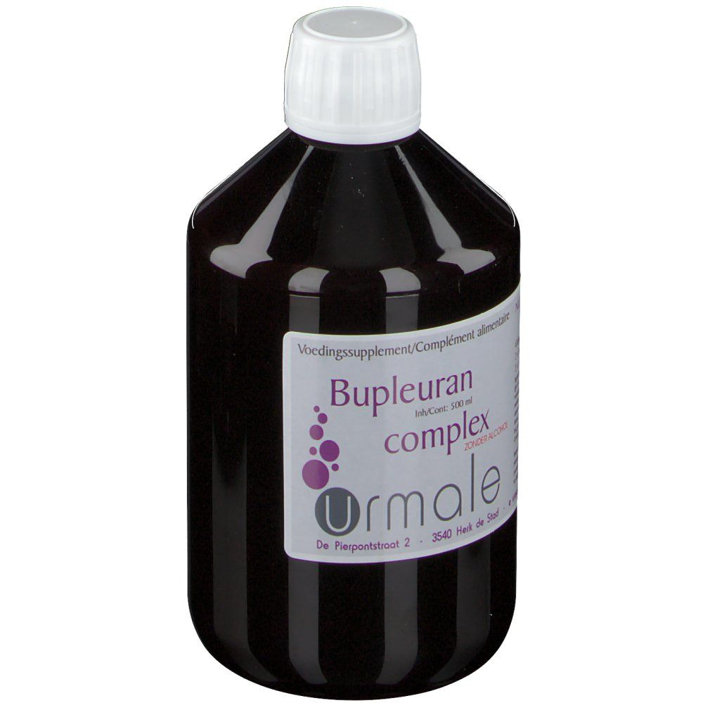 Bouteille marron avec bouchon blanc. Étiquette avec nom du produit, marque Urmale et informations.