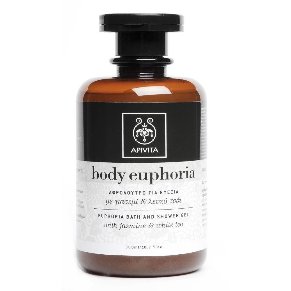 Bruine fles met zwarte dop. Opschrift: APIVITA, body euphoria, Euphoria Bath and Shower Gel met jasmijn & witte thee.