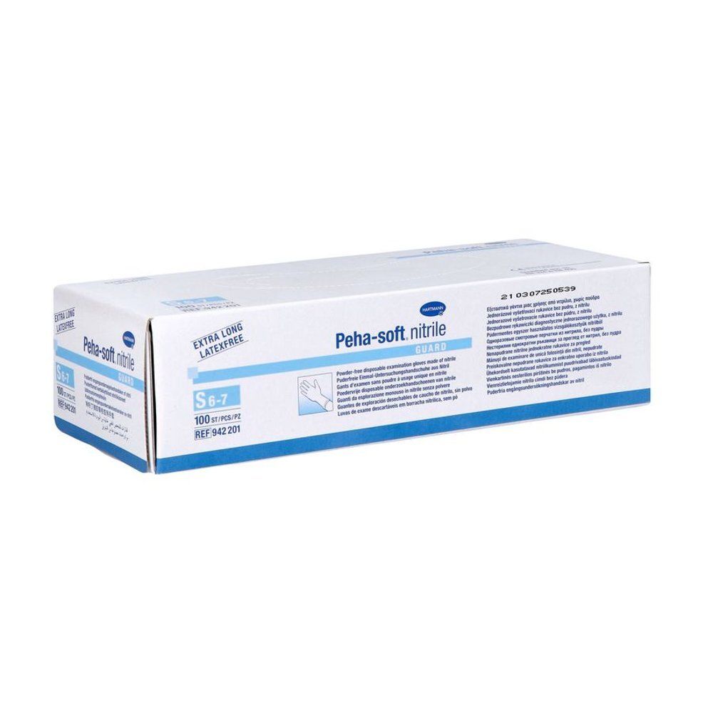 Boîte Hartmann Peha-soft nitrile Guard S 942201. Blanche, texte bleu. Contient des gants. Inscription : extra long, sans latex.