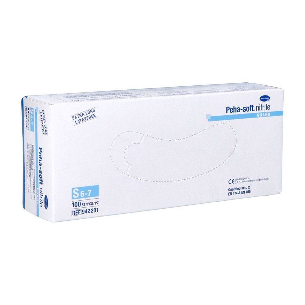 Hartmann Peha-soft nitrile Guard S 942201 doos. Wit met blauwe tekst. Bevat handschoenen. Opschrift: extra lang, latexvrij.