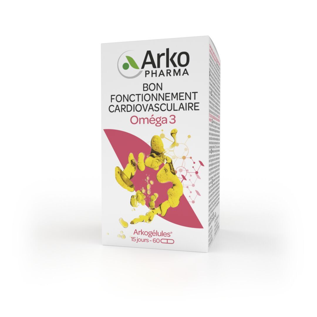 Boîte. Inscription: Arkopharma, Oméga 3, bon fonctionnement cardiovasculaire. 60 gélules.