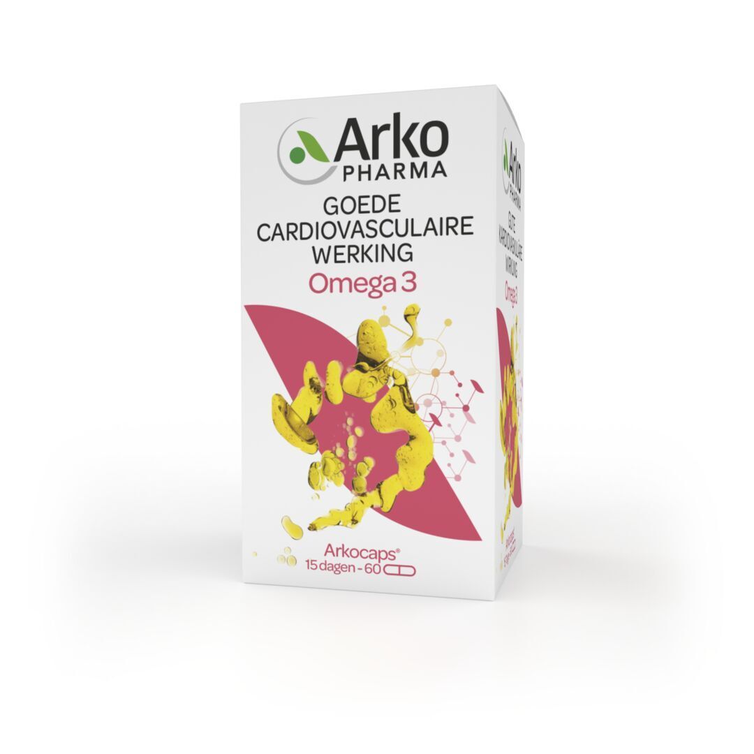 Verpakking. Opschrift: Arkopharma, Omega 3, goede cardiovasculaire werking. 60 capsules.