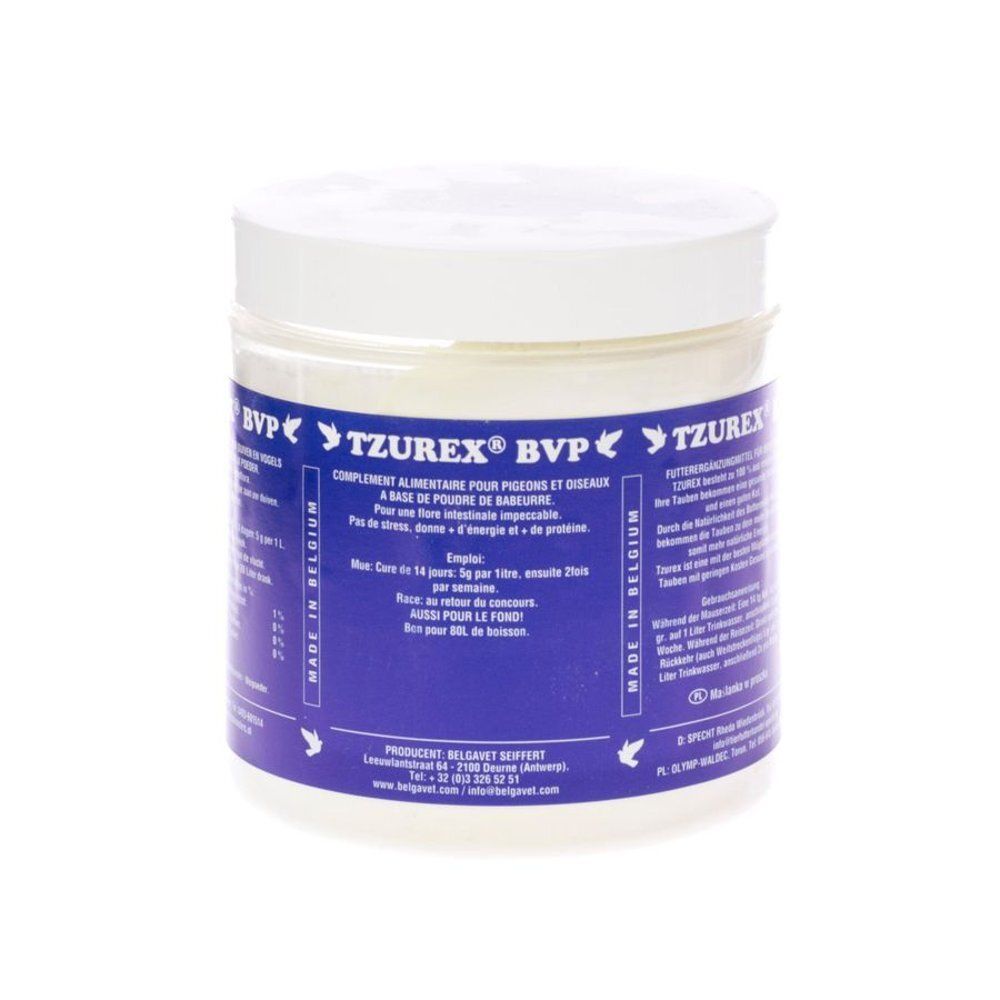 Witte pot met blauw etiket. Op het etiket staat "TZUREX BVP" en tekst in het Frans. "Made in Belgium" is ook zichtbaar.