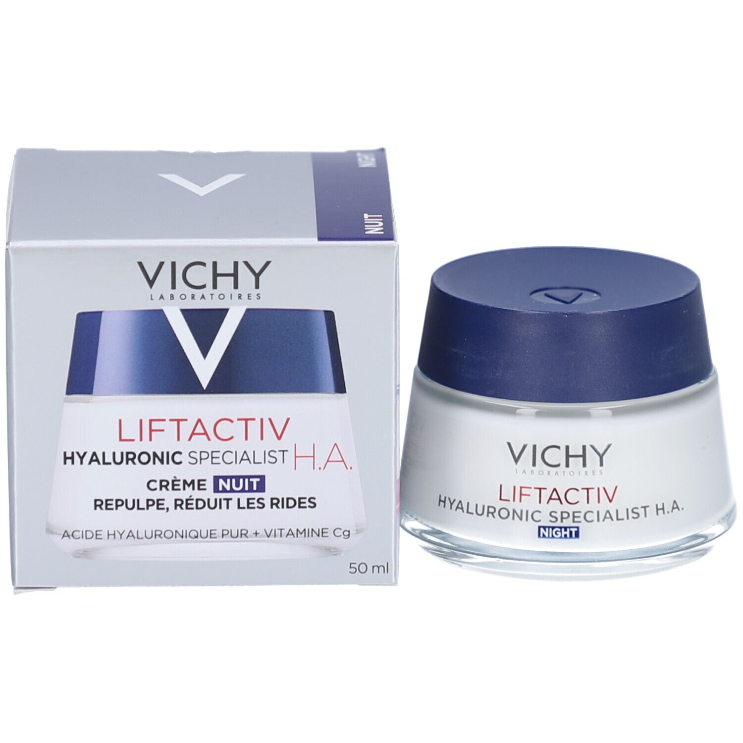 Vichy Liftactiv Hyaluronic Specialist H.A. Nacht. Pot en verpakking. Productnaam zichtbaar.