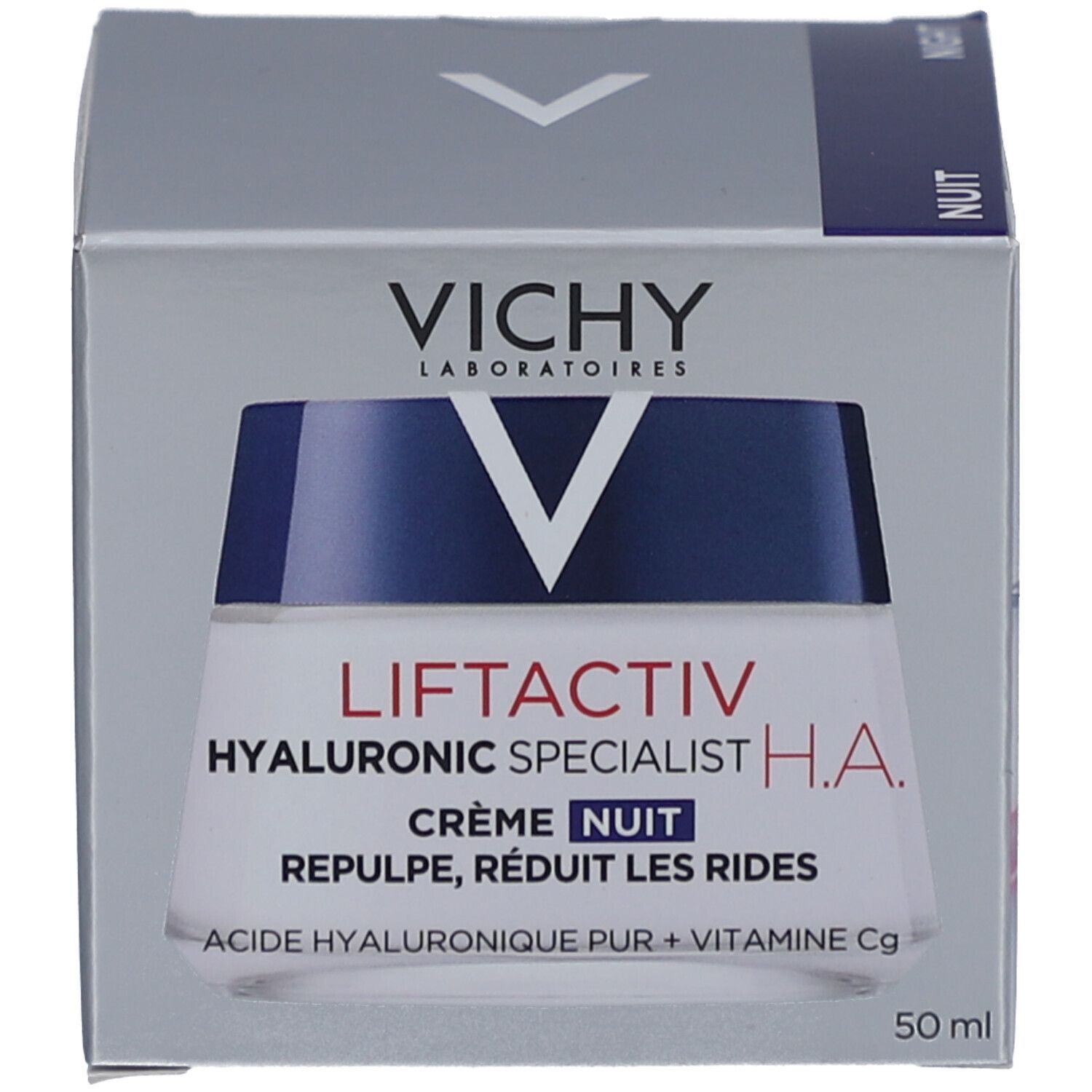 Vichy Liftactiv Hyaluronic Specialist H.A. Nacht. Pot en verpakking. Productnaam zichtbaar.