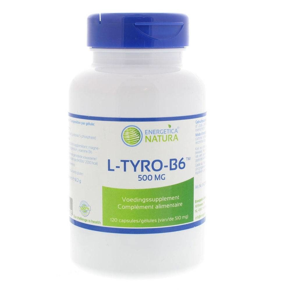 Witte fles met blauwe dop. Opschrift: L-TYRO-B6 500 MG. Etiket met tekst in het Nederlands en Frans. 120 capsules.